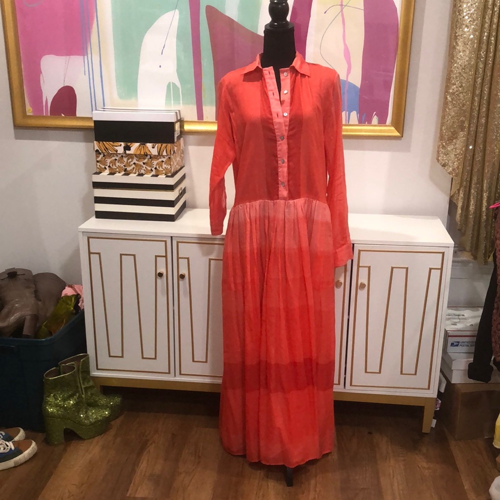 Mimi Liberté Coral Maxi Sundress with Dress Shirt Collar M/L
